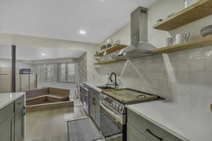 Kitchen with open shelves, stainless steel appliances, island exhaust hood, tasteful backsplash, and light wood-style flooring