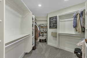 Spacious closet featuring light colored carpet