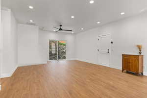 Unfurnished room featuring light wood-type flooring, recessed lighting, and ceiling fan