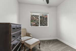 Sitting room with carpet floors and a ceiling fan