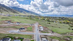 Aerial view of residential area with a mountain backdrop