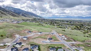Aerial view of residential area with a mountain backdrop