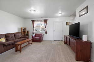 Living room featuring light carpet and a textured ceiling