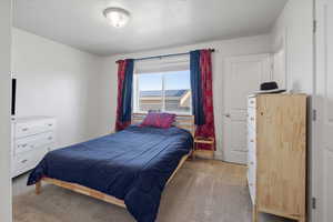Bedroom 1 with light colored carpet and large window