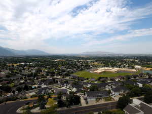 Aerial view of residential area with a mountain backdrop