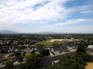 Aerial view of residential area with a mountain backdrop