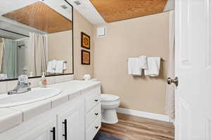 Bathroom with vanity, light wood-type flooring, and a shower with curtain