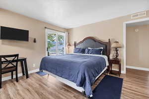 Bedroom featuring light wood-type flooring, access to exterior, and a textured ceiling