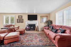 Living room featuring wood finished floors, a tiled fireplace, and a textured ceiling