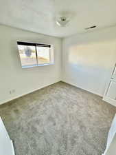 Unfurnished room with carpet and a textured ceiling