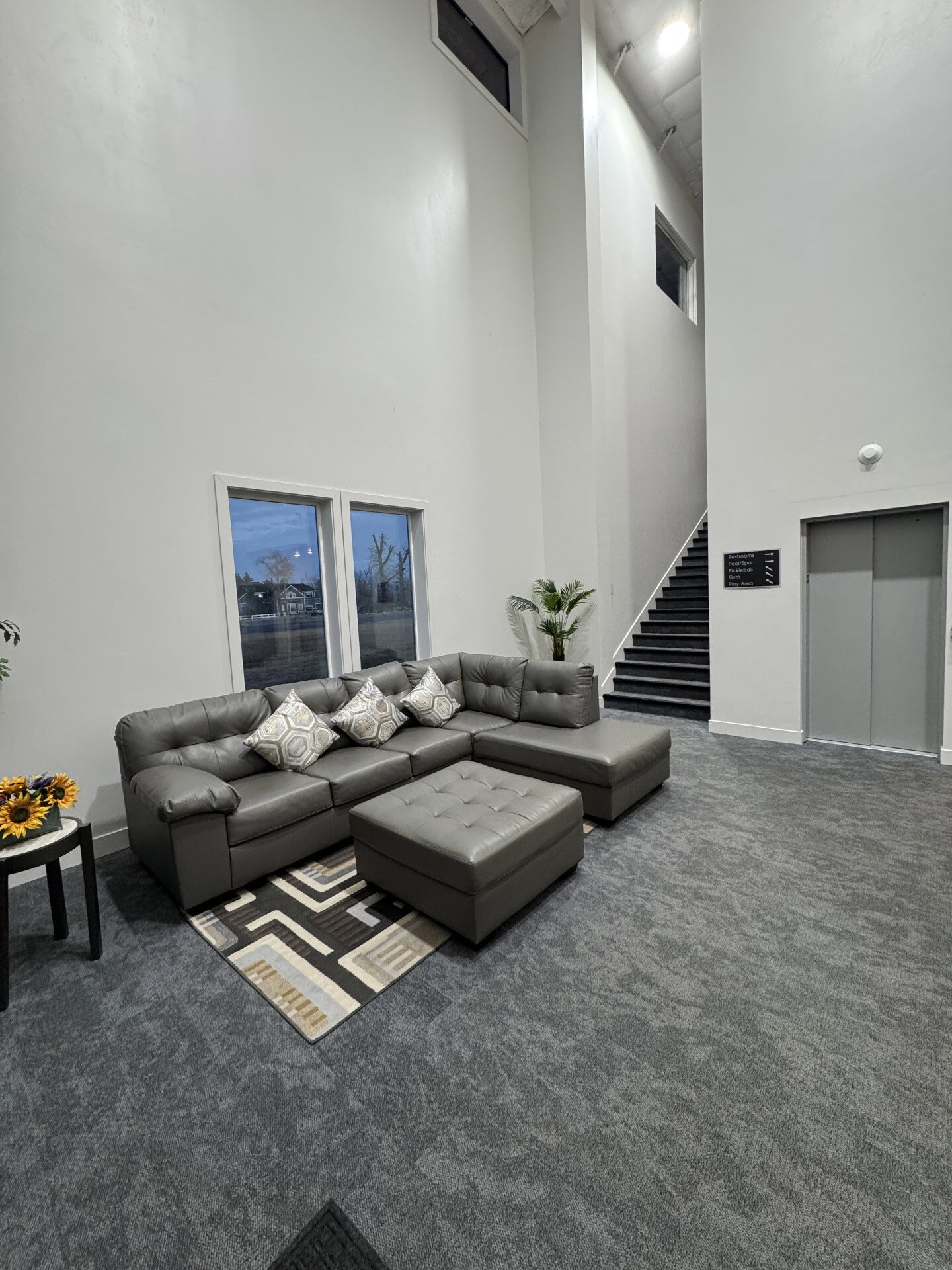 Carpeted living area with a high ceiling and elevator