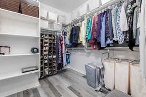Primary walk in closet with light wood finished floors