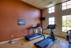 Workout room with a high drop ceiling