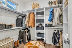 Walk in closet with wood finished floors
