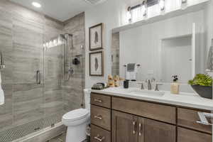 Full bath with vanity and a shower stall