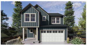 View of front of home with board and batten siding, a garage, a porch, and driveway
