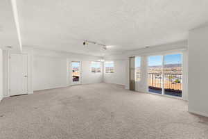Spare room featuring carpet, suspended lighting, and a textured ceiling