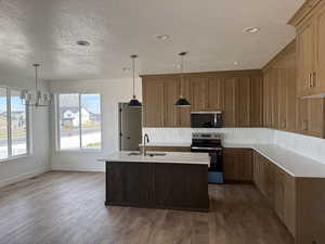 Kitchen with decorative backsplash, stainless steel appliances, an island with sink, a textured ceiling, and dark wood-style flooring