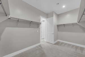 Walk in closet featuring light colored carpet