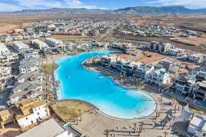 Aerial view of mountains and a pool