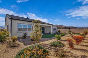 Back of property featuring a fenced backyard, a patio, and stucco siding