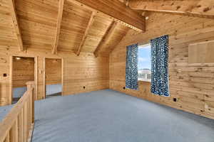 Bonus room featuring wood ceiling, wood walls, and carpet flooring