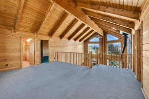 Additional living space featuring wooden ceiling, wood walls, carpet floors, and a ceiling fan