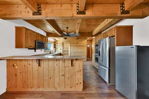 Kitchen featuring dark wood-style floors, stainless steel appliances, a wood ceiling with exposed beams, wooden walls, and a peninsula