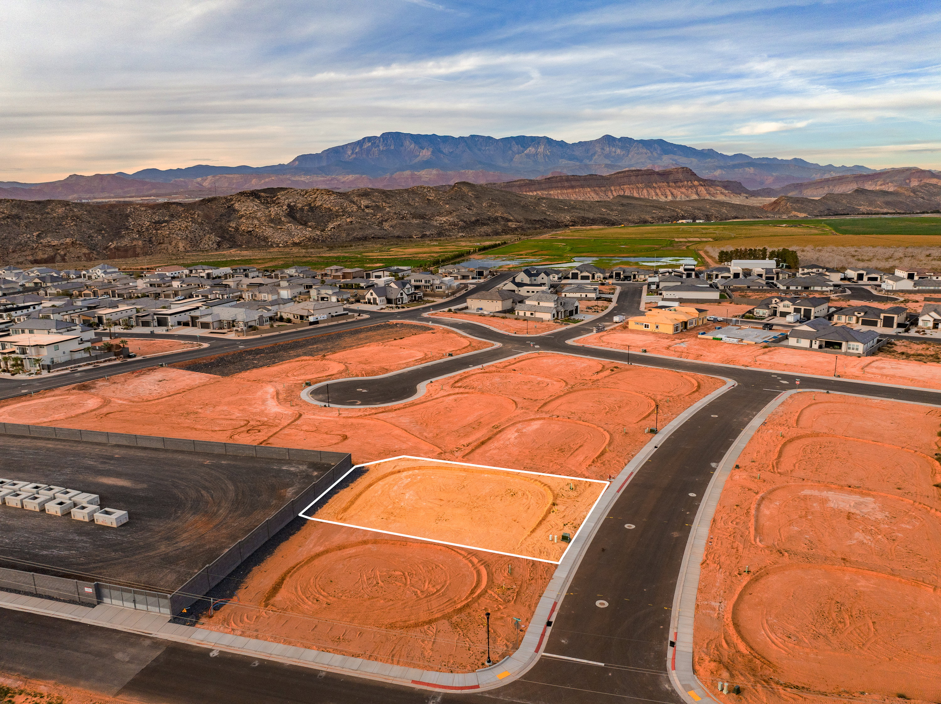 Aerial perspective of suburban area with mountains
