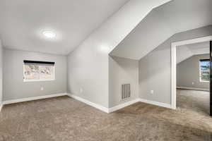 Bonus room with carpet, plenty of natural light, and lofted ceiling