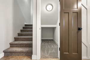 Stairway with baseboards and carpet