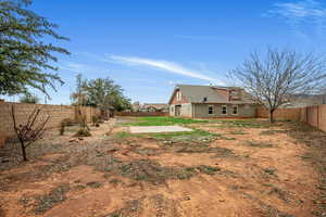 Fenced backyard featuring a patio