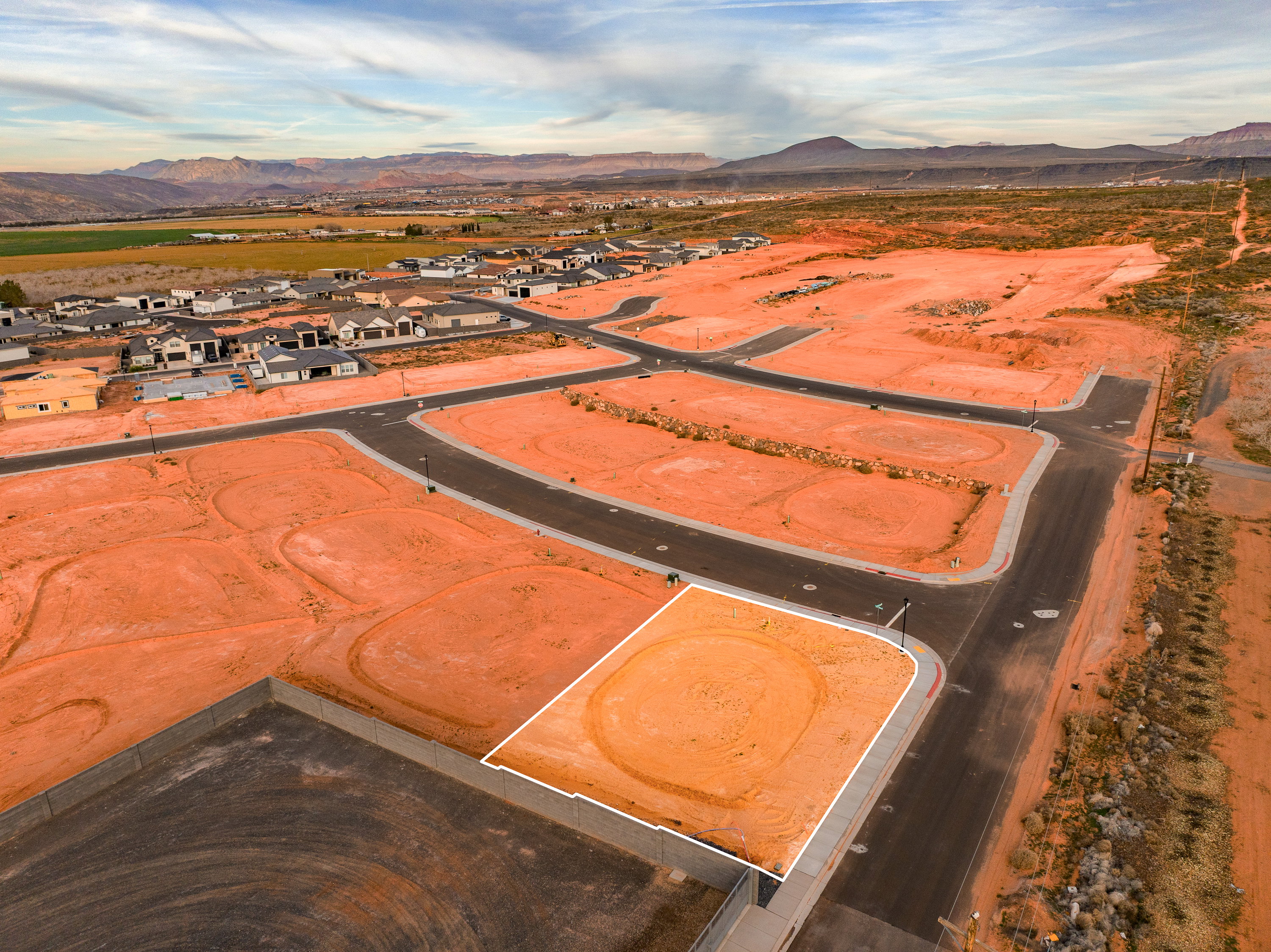 Aerial perspective of suburban area with mountains