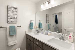 Bathroom with double vanity and toilet