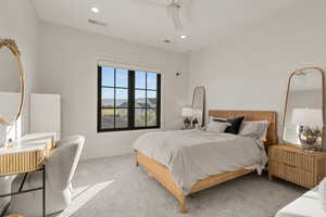 Bedroom featuring carpet, a ceiling fan, and recessed lighting