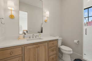 Bathroom featuring vanity and a stall shower