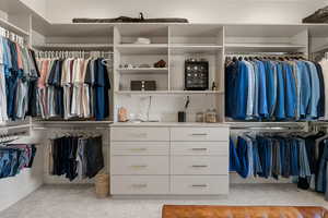 Walk in closet with light colored carpet