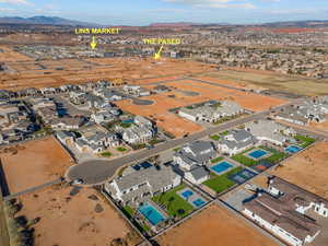 Aerial view of residential area with mountains