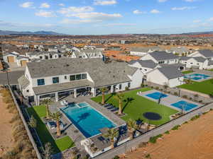 Aerial view of residential area with a pool area