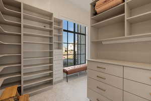 Walk in closet featuring light carpet