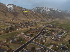 Aerial view of residential area with mountains