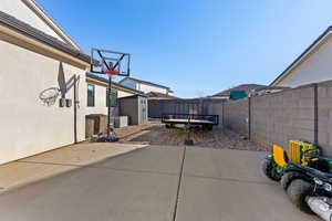 Fenced backyard featuring a patio and a trampoline