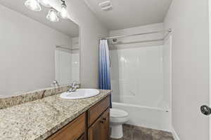 Primary bathroom featuring vanity and shower / tub combo