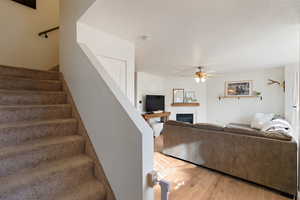 Living room with light wood-style flooring, a glass covered fireplace, and a ceiling fan