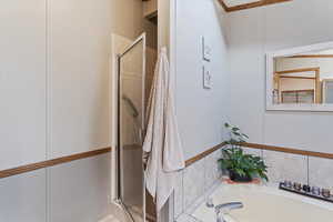 Bathroom with a shower stall and a bath