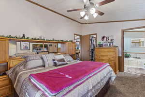 Bedroom featuring wooden walls, carpet flooring, a walk in closet, ceiling fan, and ornamental molding
