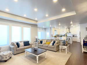 Living area featuring a raised ceiling, recessed lighting, and dark wood-style floors
