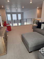 Living area featuring carpet flooring, plenty of natural light, and recessed lighting