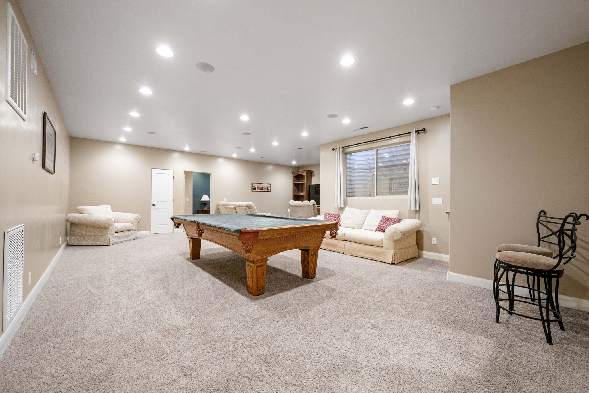 Playroom featuring pool table, recessed lighting, and light carpet