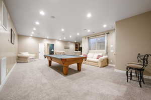 Playroom featuring pool table, recessed lighting, and light carpet
